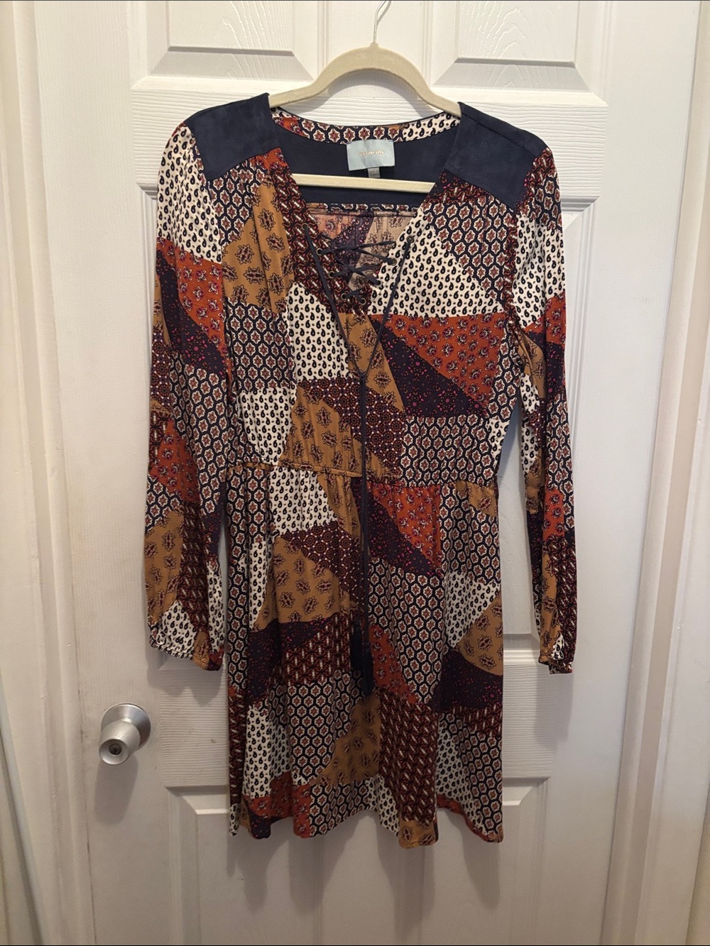 Skies Are Blue Patchwork Lace-Up V-Neck Long Sleeve Dress - Rust, Mustard & Navy